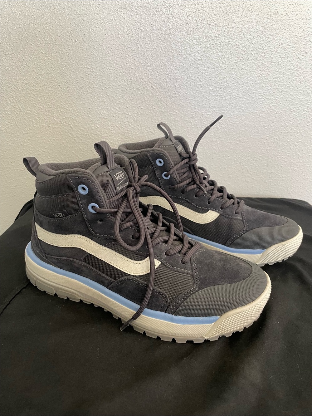 Vans High-Top Sneakers in Charcoal with Cream Stripe and Light Blue Accent